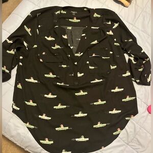 Torrid Black Blouse with Green and Green Cats in Cars Print